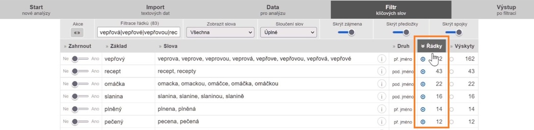 12) Kontrola vyloučených slov (odstraněných řádků)