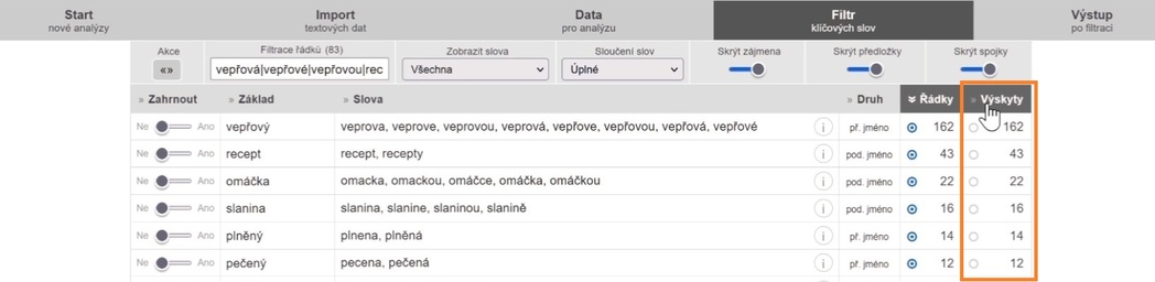 13) Možnost odstranění výskytů slov