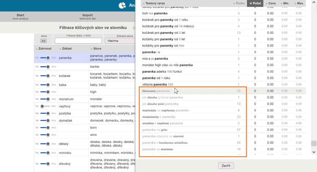 19) Kontrola vyloučených řádků a slov datasetu